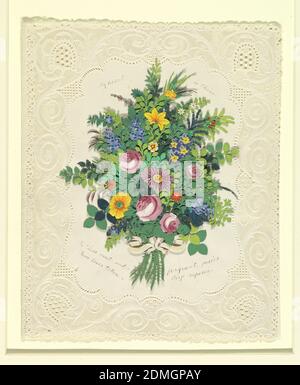 Saint-Valentin, papier découpé à la machine, dépage sur papier nappé, disposé, bouquet de fleurs colorées en rose, bleu, jaune et feuilles de différents verts. Le papier découpé est décoré de spirales et de pois. Inscriptions partout., Europe et Etats-Unis, 19e siècle, design graphique, carte de vœux, carte de vœux Banque D'Images