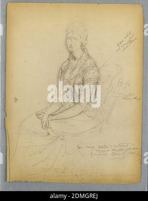 Croquis pour Portrait de Mlle Astor, Daniel Huntington, cuisine américaine, 1816–1906, Graphite sur papier, femme assise avec ses mains croisées. Elle est tournée vers la gauche. Verso: Croquis de la main droite., USA, 1880, portraits, dessin Banque D'Images