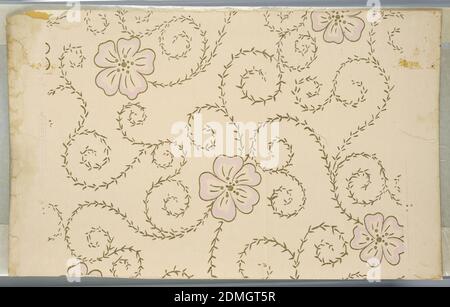 Ceiling paper, W. Campbell & Co., Machine-printed, Pink-cream ground with orchid flowers, five-petaled, outlined with gilt. Silver leaved vines. Made by W.C. Campbell and Co., No. 3461., USA, 1890–1900, Wallcoverings, Ceiling paper Stock Photo