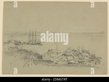 Fishing Village, Arnold William Brunner, cuisine américaine, 1857–1925, Graphite et renforcement des blancs sur papier gris, Basse côte en arrière-plan; bateau avec un voilier sur un quai, à gauche. Groupe de maisons, en bas à droite. Toit de la maison, premier plan, gauche, Etats-Unis, ca. 1883, assaisonnement, dessin Banque D'Images