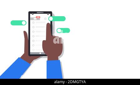 Appuyez à la main sur l'e-mail de vérification du smartphone .Vectorillustration.Vérification de la notification par e-mail.maintenez le téléphone enfoncé et appuyez sur l'écran tactile. Banque D'Images