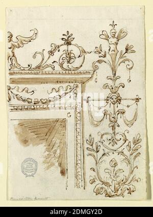 Projet pour une chimièce, Graphite, stylo et encre, pinceau et sépia sur papier, la moitié droite d'une chimièce. Dans la frise sont des festons. Au-dessus de l'entablature se trouve un rinceau provenant d'une demi-figure ailées au centre. A côté se trouve un candélabre de motifs floraux provenant d'un calice et d'un herm avec les ailes d'un papillon., Europe, fin du XVIIIe siècle, ornement, dessin Banque D'Images