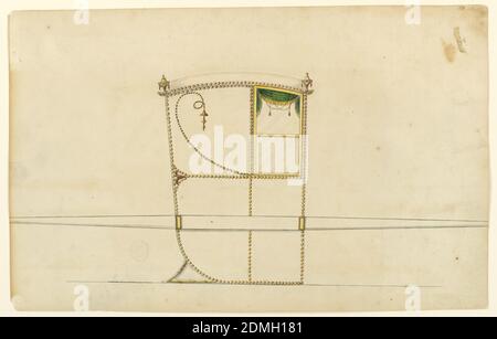 Design pour une chaise de berline, craie noire, stylo, encre, pinceau, et plusieurs aquarelles sur papier, UNE plus simple variation de 1900-1-11 avec la plupart de la décoration consistant en des rangées de têtes de clou. Ils forment également le défilement dans le panneau à côté de la fenêtre; calyces main de sa fin la fenêtre a deux parties., Londres, Angleterre, ca. 1780, dessin Banque D'Images