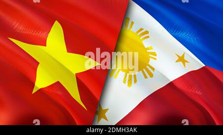Vietnam et Philippines drapeaux avec le concept de cicatrice. Drapeau d'ondulation, rendu 3D. Vietnam et Philippines concept de conflit. Vietnam Philippines relations con Banque D'Images