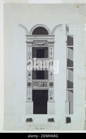 Intérieur détail du Teatro Vaccai, Telentino, stylo et encre noire, brosse et lavage gris sur papier blanc posé, élévation et section d'un mur avec des boîtes de théâtre. Au centre, est la décoration d'une section d'un mur avec des boîtes (sièges de théâtre). À droite, se trouve une coupe transversale de la même plaque. Les décorations ont des tons de dessus classiques. Les pilastres sont décorés de motifs floraux et de masques de Comedy et de tragédie. Deux panneaux horizontaux à l'avant des boîtes représentent des scènes avec des figures vêtues de tenues classiques. Le panneau au premier niveau montre le couronnement d'un herm. Banque D'Images