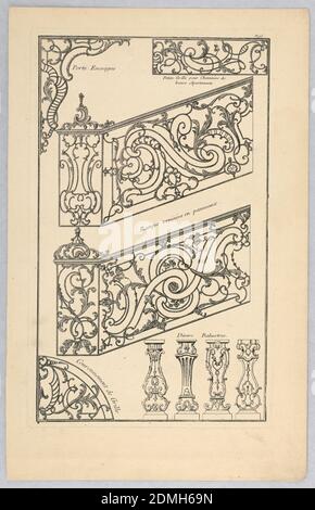 Dessins pour l'art décoratif, planche 95 de divers dessins de balcons a plusieurs usages (variété de dessins de balcon), Claude René Gabriel Poulleau, français, n.1749, Jacques Chéreau, français, 1688–1776, gravure sur papier, UNE variété de dessins pour l'art de l'art, y compris balustrades et des banneries., France, 1757–1776, travail des métaux Banque D'Images