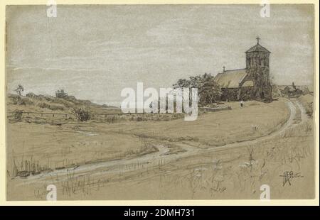 Paysage, Howard Russell Butler, cuisine américaine, 1856 - 1934, Noir, crayon blanc sur papier gris, rectangle horizontal. Campagne vallonnée avec vue sur la mer au centre. Une église et un presbytère sont situés dans le plan central droit. Un homme se hante devant l'église., Etats-Unis, 1880–90, paysages, dessin Banque D'Images