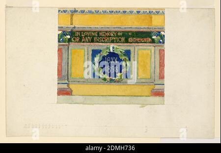 Design pour une tablette Memorial, John la Farge, américain, 1835–1910, Graphite et aquarelle sur papier, pilastres flanquent une inscription: 'IN LOVING MEMORY OF / OR ANY INSCRIPTION' et en dessous d'une couronne encriclant la date: '18XX / 1898', USA, 1898, architecture, intérieurs, dessin Banque D'Images