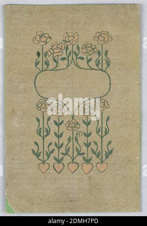 Design pour une couverture de livre, Alice Cordelia Morse, américaine, 1863–1961, pinceau et gouache sur papier, sur terre verdâtre, ronde et pointue cartouche, composée de vignes vertes, fleurs jaunes, coeurs jaunes au fond., Etats-Unis, ca. 1897, conception graphique, dessin Banque D'Images