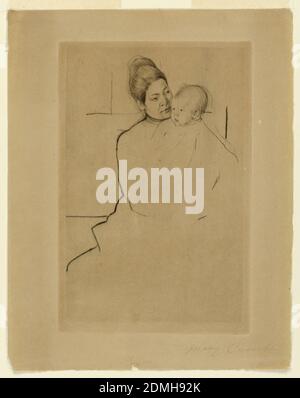 Gardner (Cassatt) tenue par sa mère, Mary Cassatt, américaine, 1844 - 1926, Drypoint à l'encre noire sur papier couleur crème, femme assise frontally, tient bébé dans ses bras et regarde dans son visage. Têtes uniquement terminées., Etats-Unis, env. 1889, figures, Imprimer Banque D'Images