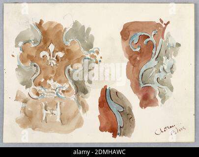 Croquis de motifs muraux – Blois, Arnold William Brunner, cuisine américaine, 1857–1925, Graphite, pinceau et aquarelle sur papier, élément complet de motifs muraux, à gauche; sections, à droite., États-Unis, 1883, dessins de papier peint, dessin Banque D'Images