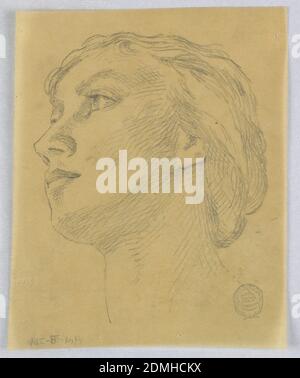 Croquis de la tête d'une femme, Francis Augustus Lathrop, américain, 1849 - 1909, Graphite sur papier à tracer, croquis du visage d'une femme, regardant vers la gauche., Etats-Unis, ca. 1895, figures, dessin Banque D'Images