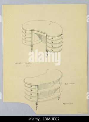 Design pour table d'écriture en forme de haricot avec étagères à livres à l'arrière, A.N. Davenport Co., Graphite sur papier crème fin, 1900–05, mobilier, dessin Banque D'Images