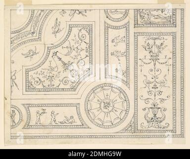 Projet pour la décoration d'un plafond, Graphite, stylo et encre sur papier, partie d'un plafond représentée. En bas à droite, un candélabrum. À gauche de ceci un cercle avec un masque au centre. À côté de cela, sont deux panneaux avec trois chiffres chacun., Italie, ca. 1780, ornement, dessin Banque D'Images