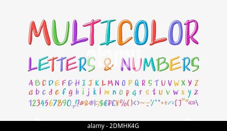 Lettres manuscrites multicolores, chiffres, signes de ponctuation. Police moderne et lumineuse aux couleurs arc-en-ciel. Jeu de polices vectorielles. Illustration de Vecteur