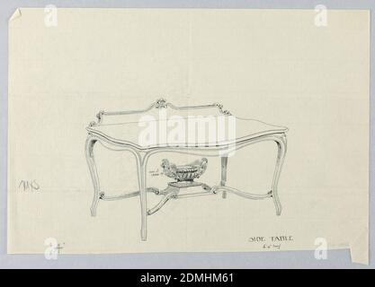 Design pour table de service latérale présentant un vase de Chine, A.N. Davenport Co., stylo et encre noire sur papier fin et crème, surface de la table (avec plinthe incurvée) et fond de projection soutenu par quatre pattes de cabriole jointes par quatre brancards de défilement supportant un vase élaboré en forme d'urne sur un piédestal. La splash arrière est décorée de sculptures à trois plumed au centre, et défile de chaque côté., 1900–05, mobilier, dessin Banque D'Images