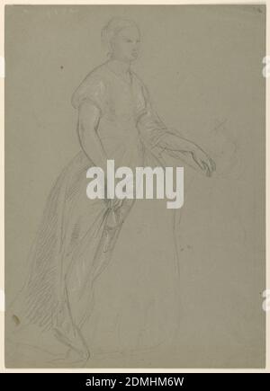 Etude de la femme debout pour 'The Republican court' (Lady Washington's Reception Day), Daniel Huntington, américain, 1816–1906, Graphite, craie blanche sur papier vélin gris, femme debout vers la droite, sa main droite tenant sa jupe, comme dans la pose de Mme Washington, et sa main gauche. Verso: Études d'une main gauche et d'un coude., USA, 1860, figures, dessin Banque D'Images