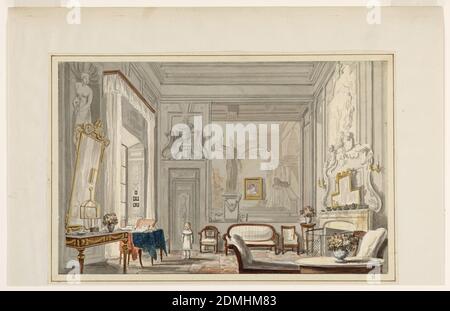 Une salle dans un palais florentin, Inconnu, Italien, Brush et aquarelle, gouache, peinture or, graphite sur papier blanc à colombe, la décoration murale de la technique de grisaille du XVIIIe siècle est obscurcie par des miroirs et un portrait. La table Louis XVI montée en ormolu, le fauteuil bergère et les fauteuils capitonnés à cadre en bois constituent une salle de style mixte. Table recouverte d'un tissu bleu pour écrire ou peindre des supports près de la fenêtre. Un petit garçon dans une robe blanche et des pantalettes se tient devant la porte., 1824, intérieurs, dessin Banque D'Images