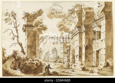 Design pour Crèche (scène de la Nativité), stylo et encre, pinceau et sépia sur papier blanc, rectangle horizontal. Ruines architecturales, ouvertes au ciel, utilisées comme cadre pour le groupe Nativité, vu près du centre, milieu de terrain. Les rayons de lumière s'élèvent de la figure de l'enfant. Shepherd s'agenouille en premier plan. Femme avec le harnais sur sa tête, à droite., Italie, ca. 1770, figures, dessin Banque D'Images