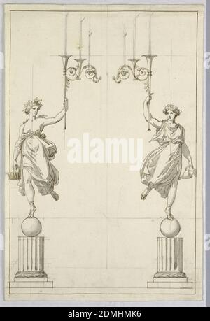 Design pour une paire de Candelabra, Pietro Belli, italien, 1780–1828, stylo et encre, aquarelle en forme et gris, graphite sur papier, rectangle vertical. Les figures femelles de soutien qui apparaissent en 1938-88-653 se trouvent sur des parties de colonnes cannelées comme piédestal. Ils portent dans leurs mains levées, qui se font face, des trompettes auxquelles les reneaux sont attachés unilatéralement. Trois bougies allumées sont sur chaque bâton. La fille à gauche porte dans sa main droite abaissée un panier, l'autre dans sa main gauche un pichet. Ligne de cadrage. Verso: Un petit croquis en graphite de 1938-88-5810, avec des bougies plus courtes., Rome, Italie Banque D'Images