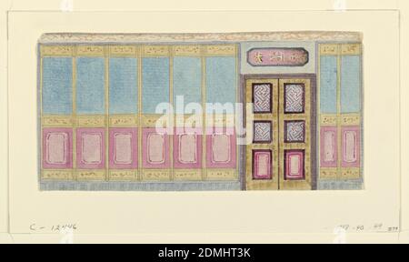 Design pour mur avec porte, peut-être pour Bibliothèque, Royal Pavilion, Brighton, Frederick Crace, Anglais, 1779–1859, pinceau et aquarelle, graphite sur papier, élévation d'un mur, avec une porte à gauche surmontée d'une tablette peinte avec des caractères chinois. Murs à gauche et à droite recouverts d'une série de panneaux étroits peints avec des champs de couleurs unies., Angleterre, 1802, architecture, intérieurs, dessin Banque D'Images