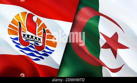 Drapeaux de la Polynésie française et de l'Algérie. Motif drapeau en relief. Polynésie française drapeau algérien, image, papier peint. Image Polynésie française vs Algérie, 3D ren Banque D'Images
