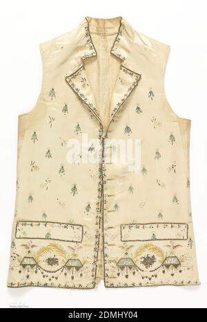 Waistcoat, Medium: silk, metal-wrapped silk, sequins, wire coils, paste jewels Technique: embroidered using satin, stem and knot stitches and appliqué on satin weave foundation, Men's waistcoat with standing collar, welt pockets and strait-hem. Off-white silk satin embroidered with scattered sprays all over and classical ornament along the lower edge. In soft greens and pinks with gold metallic., France, ca. 1795, costume & accessories, Waistcoat Stock Photo