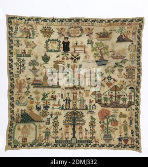 Sampler, Moyen: Broderie de soie sur la fondation de lin technique: Brodé sur le tissage Uni, orné d'une grande variété de motifs détachés., Hanovre, Allemagne, 1828, broderie et couture, Sampler Banque D'Images