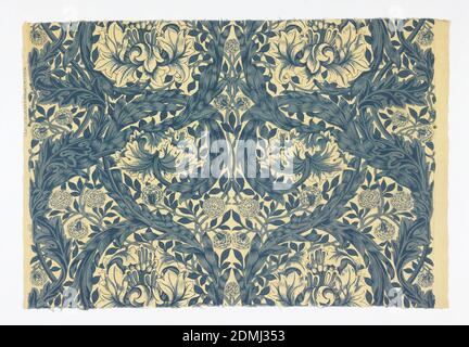 African Marigold, Medium: Cotton technique: Imprimé sur le tissage simple, deux morceaux de coton imprimé avec un grand design de branches de feuilles en courbure, entrelacement pour former des cercles enfermant des fleurs. En bleu sur un sol blanc cassé., Angleterre, 1876, textiles imprimés, teints et peints, textile, textile Banque D'Images