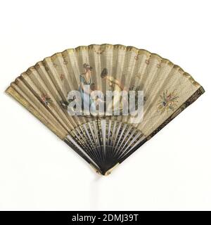 Pleated fan, Gilded paper leaf with hand-colored engraving, painted wood sticks with ivory on guards, Pleated fan. Gilded paper leaf with hand-colored engraving showing a scene with two women and an infant learning to walk. Sticks are painted wood with ivory on guards., France, ca. 1805, costume & accessories, Pleated fan Stock Photo