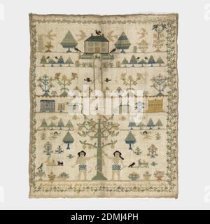 Sampler, E. Grant, Moyen: Broderie de soie, fondation de coton technique: Points de croix, carrés, tente et satin sur le tissage simple, la partie supérieure montre une maison avec des arbres et des oiseaux; la partie inférieure représente Adam et Eve avec de petits motifs détachés incluant des animaux, des arbres, des maisons, des fleurs; signatures; Enfermé dans une bordure à motifs de vigne., Angleterre, 1812, broderie et couture, Sampler Banque D'Images