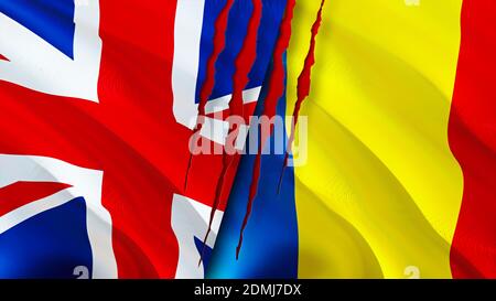 United Kingdom and Romania flags with scar concept. Waving flag,3D rendering. United Kingdom and Romania conflict concept. United Kingdom Romania rela Stock Photo