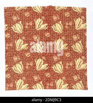 The Lily, Arthur Wilcock, Medium: Cotton technique: Imprimé sur un tissu Uni, William Morris a inspiré de grands lys et bourgeons blancs sur de longues tiges, en agitant d'avant en arrière sur un sol rouge profond avec un petit remplissage global de pois et de tendils., Angleterre, 1886–90, textiles imprimés, teints et peints, textile, textile Banque D'Images