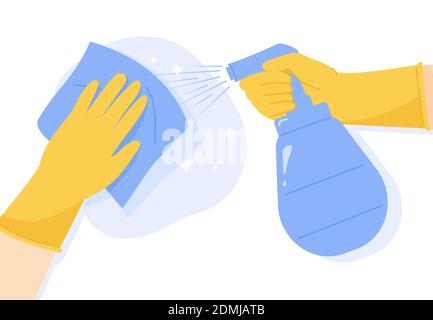 Nettoyage des surfaces. Nettoyage des travaux ménagers, mains dans gants en caoutchouc surface de pulvérisation, désinfection, illustration du vecteur de prévention de la pollution. Hygiène à la maison Illustration de Vecteur