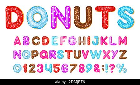 Alphabet avec beignets. Police de beignets de boulangerie doux, lettres et chiffres de beignets de chocolat émaillés rose, bleu et rouge. Ensemble d'illustrations vectorielles en forme de beignet abc Illustration de Vecteur