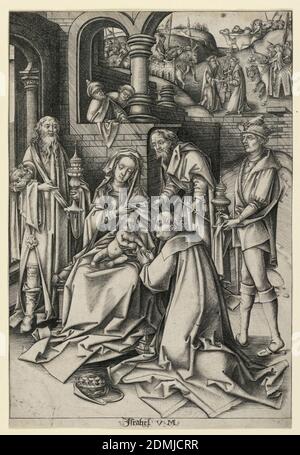 Adoration de Magi, plaque 7 de la série 'vie de la Vierge', Israël van Meckenem, allemand, ca. 1440 - 1503, Hans Holbein le plus jeune, 1497/98 - 1543, gravure sur un livre blanc, la scène se déroule dans une cour d'un bâtiment à gauche. Deux rois se tiennent de chaque côté de la Vierge, le troisième s'agenouille devant la Vierge. En arrière-plan, la réunion des Rois., Allemagne, ca. 1490, figures, Imprimer Banque D'Images