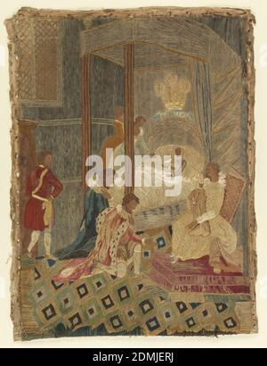 Embroidered picture, Medium: silk, wool, linen Technique: embroidery on plain weave, Birth of the crown prince. Mother in canopied bed under the crest with the motto 'Ich Diem.', ca. 1800, embroidery & stitching, Embroidered picture Stock Photo