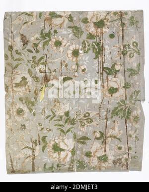 Flanc, bloc imprimé sur du papier fait à la main, non mis à la terre, dessin de fleurs, de feuillage et d'oiseaux, imprimé en blanc, vert et marron sur fond gris., États-Unis, 1820–30, revêtements muraux, flanc Banque D'Images