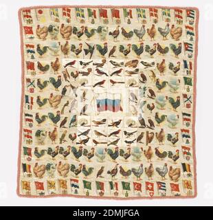 Patchwork Cover, Medium: Soie, coton technique: Chromolithographie imprimé sur 7 et 1 satin, couture, patchwork Cover fait de mégots de souvenirs imprimés avec drapeaux nationaux et oiseaux. Le grand drapeau central provient de la Russie pré-révolutionnaire, entourée d'oiseaux et d'autres drapeaux nationaux. Plusieurs souvenirs de drapeau ont lu 'cigarettes Zira.' Le support est un coton imprimé par rouleau avec un motif de roses. Bordé de dentelle en épingle à cheveux en soie, États-Unis, env. 1910, textiles imprimés, teints et peints, couverture en patchwork Banque D'Images