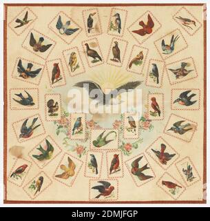 Carré, moyen : soie sur coton technique : chromolithographe sur satin 4&1, points de boutonnière, panneau pour collectionneurs de carrés souvenirs de cigarettes qui devaient être cousus dans les espaces indiqués. Motif circulaire imprimé d'un aigle en plein essor avec un soleil radieux émergeant des nuages. La guirlande florale est sous les nuages. Des souvenirs de cigarettes avec différentes espèces d'oiseaux sont attachés en utilisant des points de boutonnière., USA, ca. 1910, textiles imprimés, teints et peints, carrés Banque D'Images