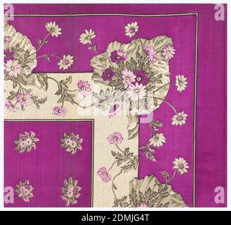 Echantillon d'écharpe, Moyen : technique de soie : imprimé sur un tissu Uni, quart d'un foulard imprimé en magenta, rose, couleur crème et noir. Champ de fleurs éparses et bordure montrant un bouquet de fleurs sur une grande feuille., France, milieu du XIXe siècle, textiles imprimés, teints et peints, échantillon d'écharpe Banque D'Images