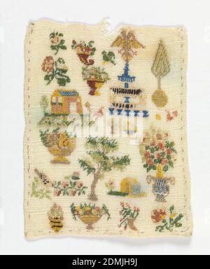 Sampler, Medium: silk on linen Technique: embroidered in tent, satin and half cross stitches on plain weave foundation, Small sampler with assorted motifs., Austria, early 19th century, embroidery & stitching, Sampler Stock Photo