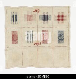 Darning sampler, Medium: linen, wool, cotton Technique: embroidered in running (pattern darning) and cross stitches on plain weave foundation, Twelve squares of pattern darning in red, white, and blue., Germany, 1876, embroidery & stitching, Darning sampler Stock Photo