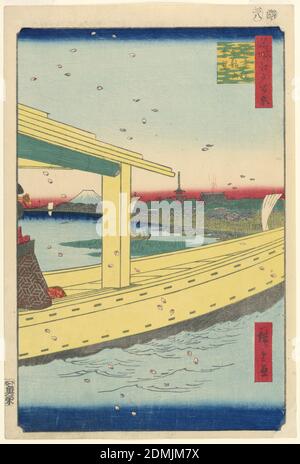 Vue lointaine du temple de Kinryuzan depuis le pont Azuma (Azuma-bashi, Kinryuzan embo) No.39 de la série cent vues célèbres d'Edo, Ando Hiroshige, japonais, 1797–1858, imprimé de Woodblock en encre colorée sur papier, la vue d'Asakusa, avec sa célèbre grande pagode, et Mt. Fuji sont divisés par la structure du bateau de plaisance jaune. Presque caché sur le côté gauche du bateau est discrètement placé une geisha. En général, il y aurait d'autres invités, comme des préposés, une autre geisha, et un ou deux autres invités. La poussière des cerisiers en fleurs qui tombent suggère qu'ils étaient en train de regarder le rose éclatant Banque D'Images