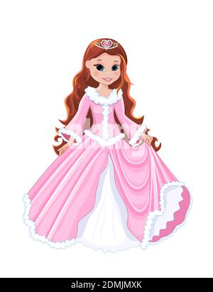 Petite fille dans une robe rose sur un fond blanc. Princesse avec un diadem dans ses cheveux. Illustration de Vecteur