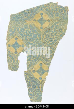 Flanc, imprimé en bloc sur du papier fait à la main, document original pour « Diamond Damask ». Diamants bleus dans un cadre floral avec surimpression de rayures brunes. Imprimé sur un sol jaune, peut-être USA, env. 1820, revêtements muraux, flanc Banque D'Images