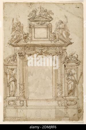 Projet pour un autel avec des suggestions alternatives, stylo, pinceau et sépia sur papier, composition verticale d'un autel avec les statues de Saint-Nicolas et un autre Saint-évêque. Deux anges s'assoient au-dessus du fronton couplé et deux petits anges s'assoient au-dessus d'un fronton plus petit avec une croix. Les quatre anges ont une main relevée., Italie, 1625–1650, mobilier, dessin Banque D'Images