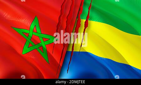 Morocco and Gabon flags with scar concept. Waving flag,3D rendering. Morocco and Gabon conflict concept. Morocco Gabon relations concept. flag of Moro Stock Photo