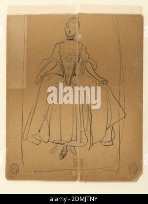 Croquis de femme en période Costume, James Wells Chamtney, américain, 1843–1903, Graphite sur papier, croquis d'une femme habillée dans le style d'environ 1760, tenant la jupe volumineuse dans ses mains., USA, ca. 1890, figures, dessin Banque D'Images