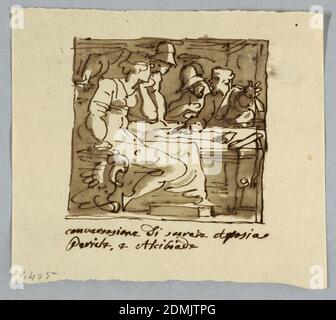 Socrates, Pericles, Alcibiades, Aspasia in discussion, Felice Giani, Italien, 1758–1823, stylo et encre brune, pinceau et brun laver sur des traces de graphite sur papier brun clair posé, Aspasia montré en profil assis devant la table avec le visage tourné vers l'arrière sur trois hommes assis ou debout derrière la table. Socrates parle et les points en place dans le papier défilent sur le tableau., Italie, 1810–25, figures, dessin Banque D'Images